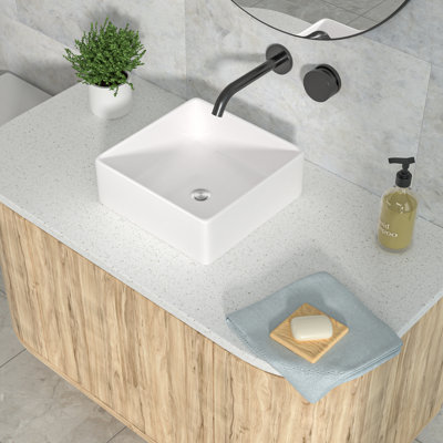 Lavabo vasque de salle de bain carré blanc en céramique 15 po, meuble-lavabo moderne pour comptoir pour salle de bain contemporaine
