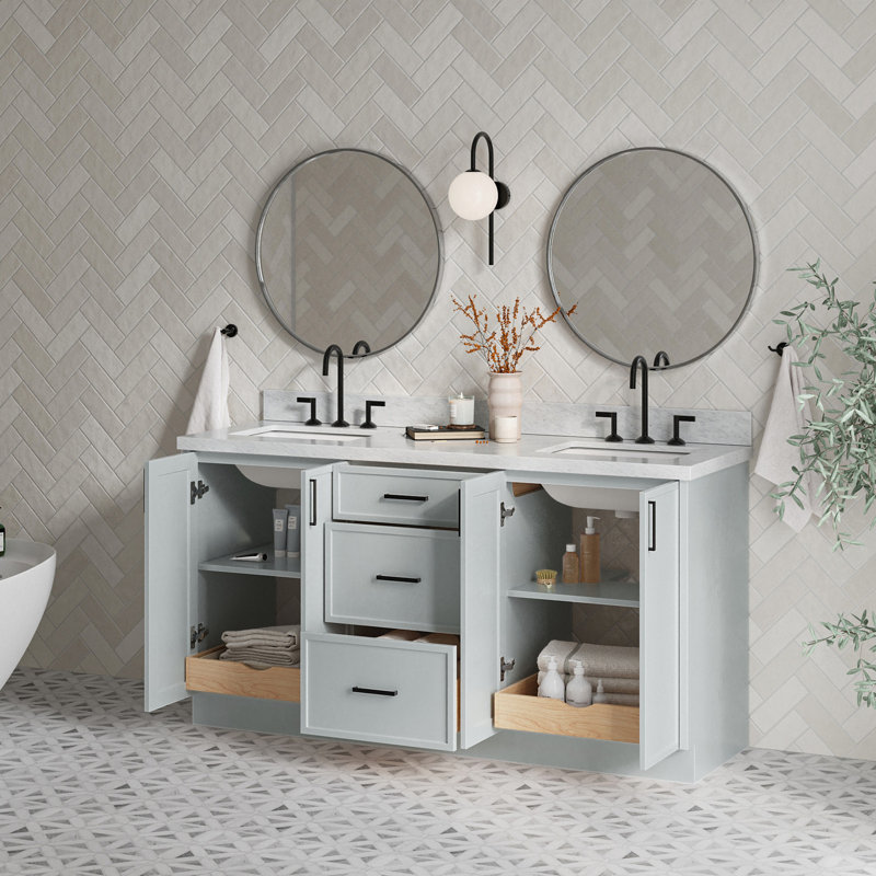 Meuble-lavabo double 67 po avec comptoir en marbre de Carrare italien Ariel Kelly, Gris