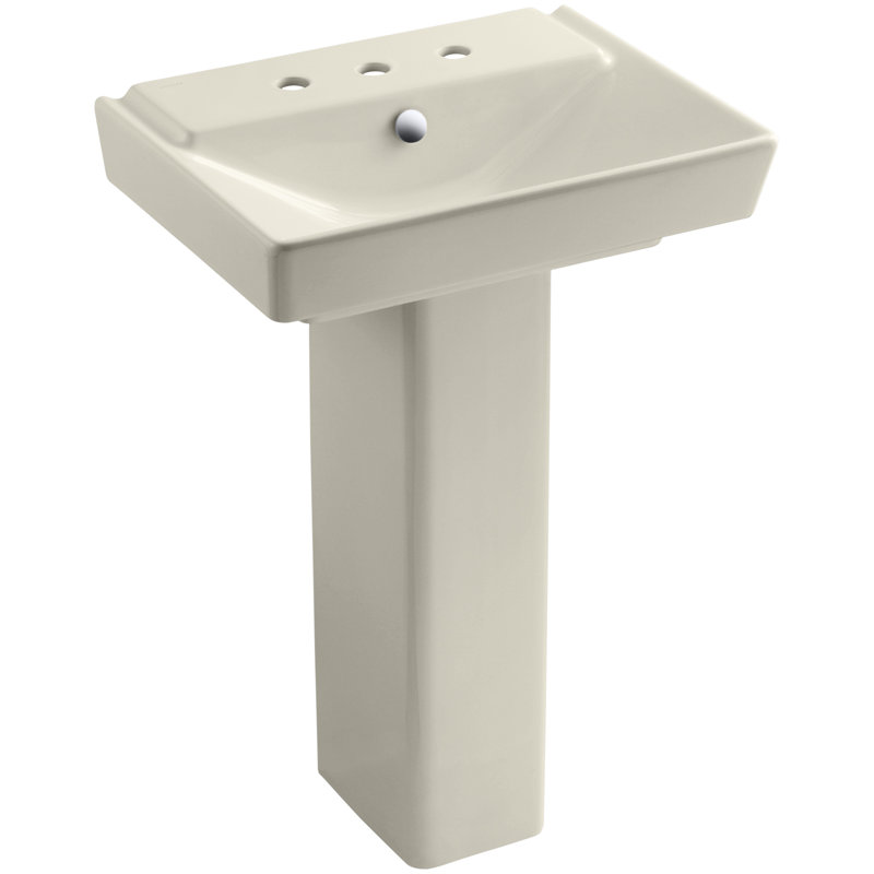Lavabo sur pied en cÃ©ramique Reve avec trop-plein, Amande, Centres de 8 po, H 35,5 po x l 18,5 po x L 23,58 po