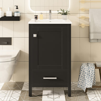 Meuble-lavabo de 20 pouces avec structure en bois massif, panneaux, mécanisme de fermeture en douceur et lavabo à tiroir moderne en céramique facile à nettoyer, patins réglables pour une utilisation sur des planchers inégaux