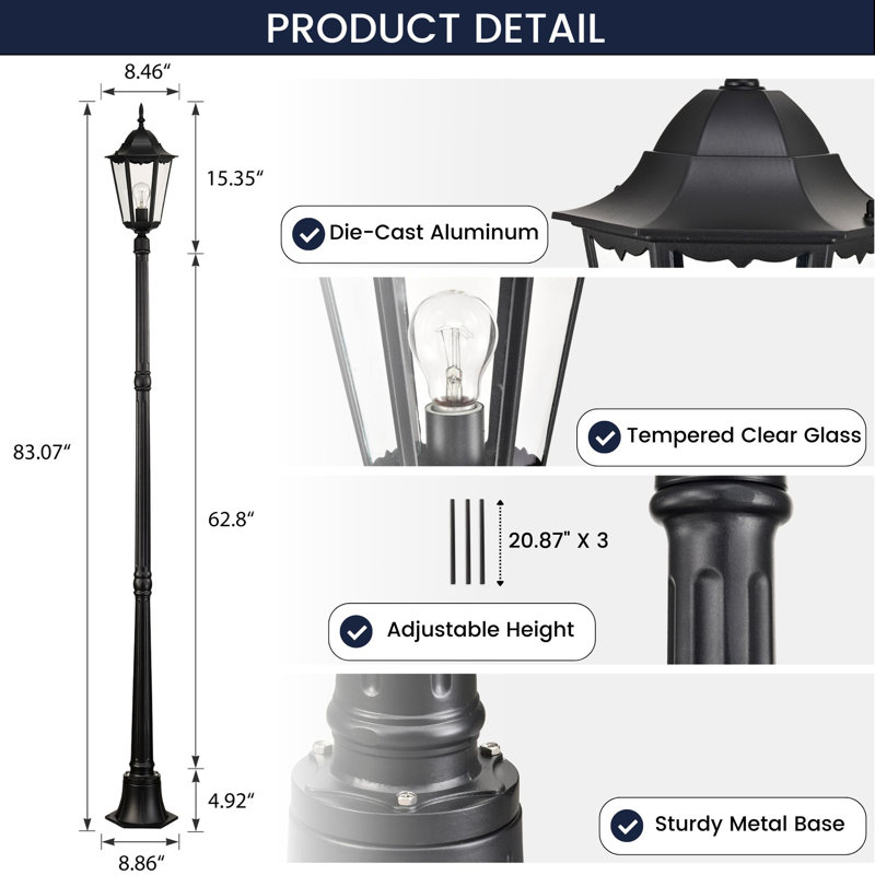 Lampadaire d'extérieur traditionnel 1 lumière 84,25 "avec verre transparent Traditional