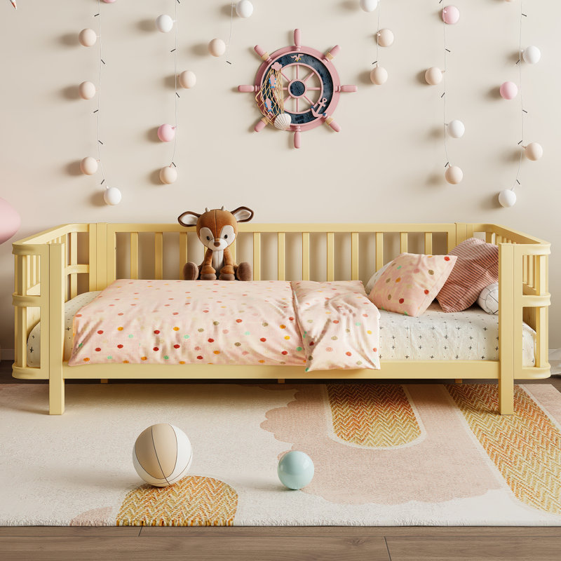 Children's Wooden Platform Bed With Extra-High Safety Guardrails, Gold, Twin