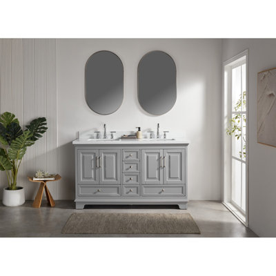Meuble-lavabo double autoportant de 60 po avec pierre artificielle entièrement assemblé