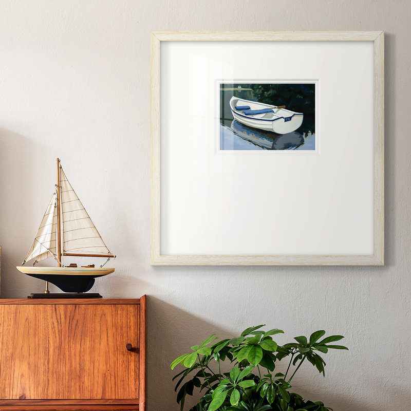Bateau coloré à rames I encadré sur papier, H 21 po x l 21 po x P 1,25 po