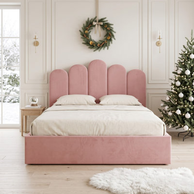 Glam Scalloped Channel Panel Velvet Upholstered Platform Bed with Lift-Up Storage, Queen, Pink 