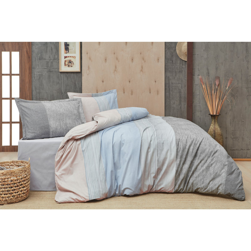 Ensemble de housse de couette 100% coton Ranforce, housse de couette 63 x 87 et drap plat 63 x 94 | Gris élégant, bleu et poudre | 145 fils, lavable à la machine, fermeture à boutons | Literie douce et durable pour un sommeil douillet