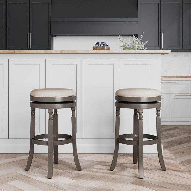 Tabouret de bar 30 po, finition gris patiné, siège en tissu beige