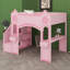 Lit mezzanine avec escalier de rangement, bureau, fenêtres, tablettes et éclairage à DEL, conception de château-626367712