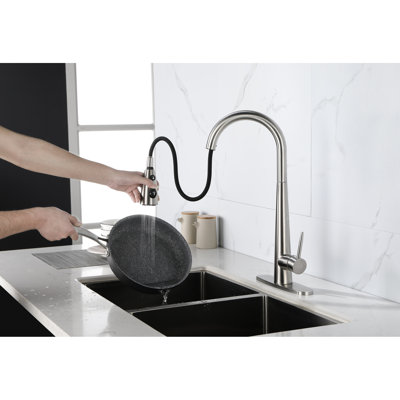 Kitchen Sink Faucet Single Handle Pull Down , Stainless Steel Material, Brushed Nickel Finish, 360 Rotating High Nozzle, Three Water Output Types For Work, Lever Management, Rust Surface Treatment