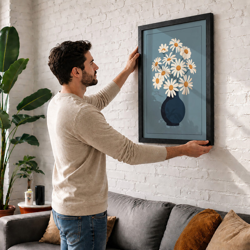 Daisy Bouquet Botanical - Framed Print, A2 - 59.4 x 42.0 cm, Walnut
