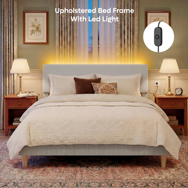 Abe Aadi Corduroy Upholstered Platform Bed with Channel-Tufted Headboard, Modern Bed Frame with Soft Padded Edges and Ambient LED