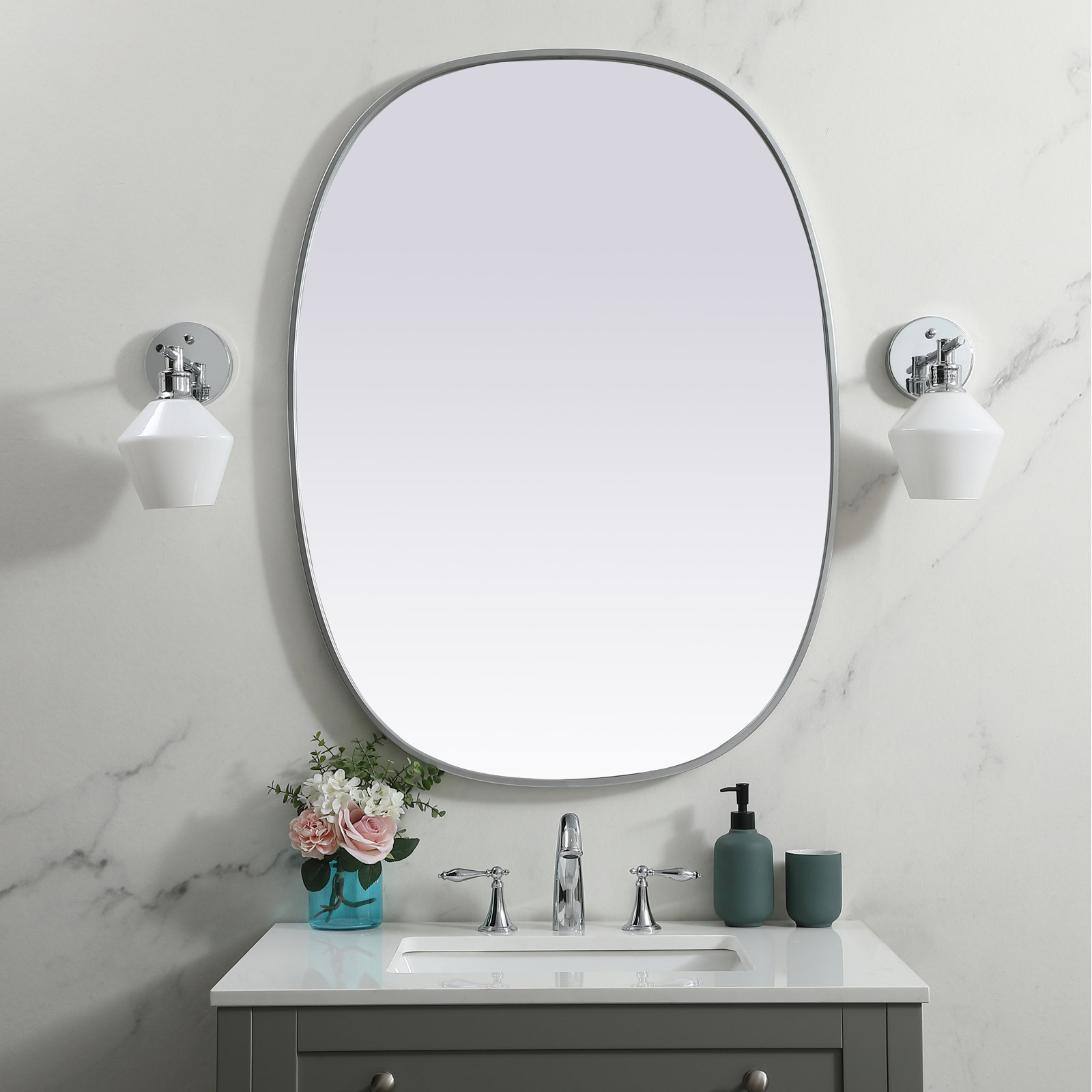 Sabine Metal Curved Oval Wall Mirror, Silver, 40" x 30"