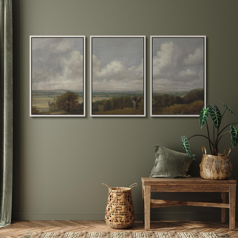 «Campagne, sérénité, classique, pastorale, nature, paysage, illustrations, art moderne, décor rustique», 3 pièces, Blanc