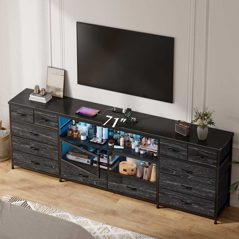 71"w Modern Tv Stand With 14 Drawers, Led Lighting & Built-in Power Outlets For 65/75/80 Inch Tvs, Fabric Storage Dresser With Mesh Door Compartments