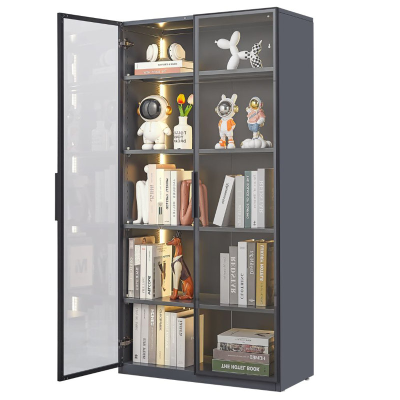 Tall Glass Display Cabinet 5-Tier Curio Cabinets Dining Cabinet With 4 Adjustable Shelves And Light Strip, Metal Frame Display Case Tempered Glass Display Shelf Collection Display Case Cabinet