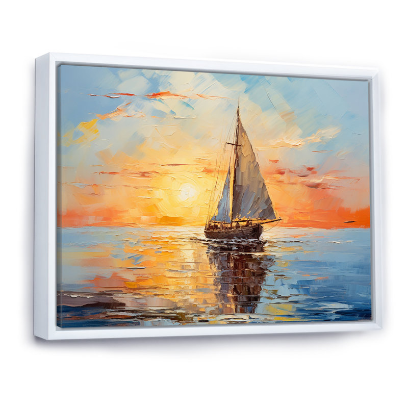 Coucher de soleil orange sur un bateau I - bateau à voile, art mural, Cadre flottant blanc, H 30 po x l 40 po x P 1,5 po