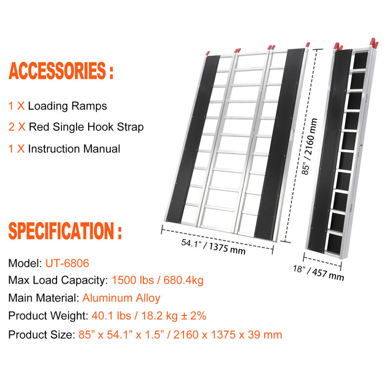 Rampe à trois volets en aluminium - capacité de 1500 lb, 77 po x 54 po, 1,5 po d'épaisseur, rampe de véhicule portable avec sangles de sécurité