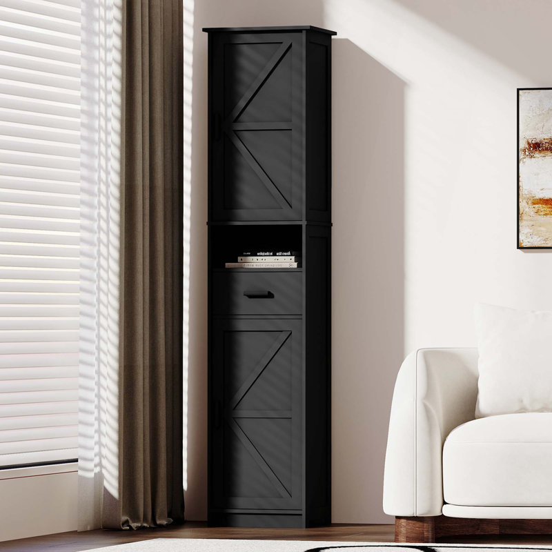 69"H Tall Barn Door Storage Cabinet With Drawer & Adjustable Shelves, Black