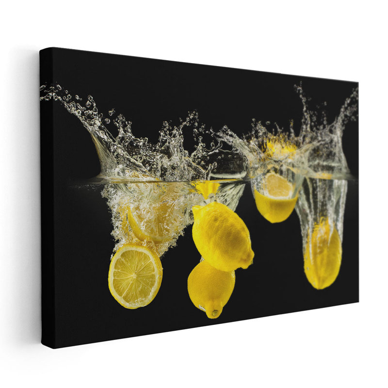 Fresh Lemons Falling in Water - Canvas Print Wall Art, 24" H x 36" W