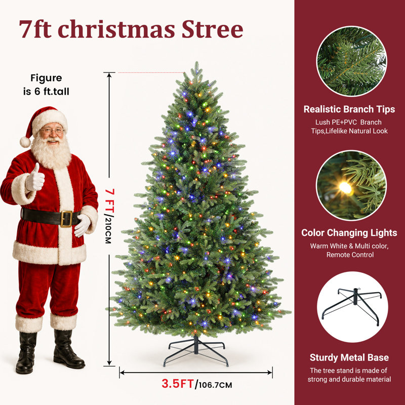 Sapin de Noël articulé artificiel 7 pi avec télécommande | 340 lumières blanc chaud et multicolores, télécommande, choix parfait pour la décoration de Noël