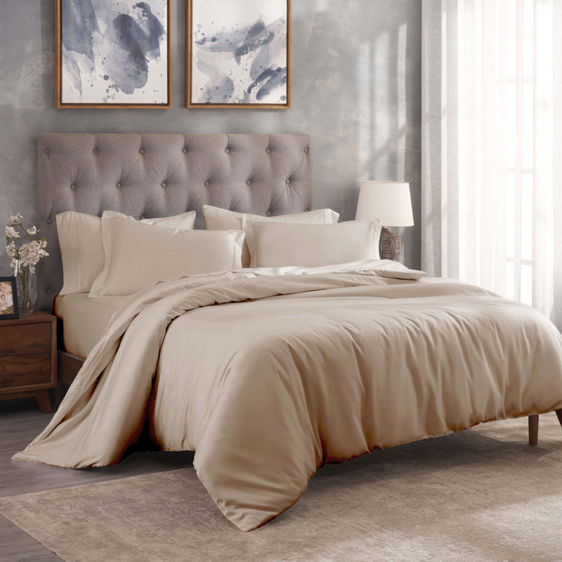 Ensemble de housse de couette unie en mélange de coton égyptien 300 fils avec taies décoratives, Tanné