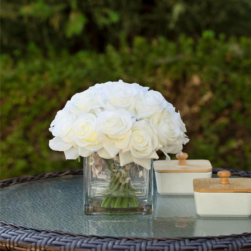 Silk Rose Arrangement in Vase, White