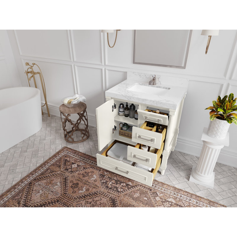 Alabaster White Solid Wood Single Bathroom Vanity with Quartz Top