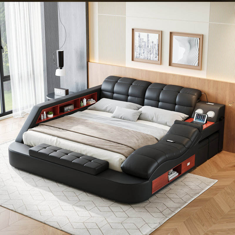 Multi-Functional Bed, Solid Wood Frame and Faux Leather Upholstery, Remote-Controlled Massage Recliner on the Right, Modern LED Lights, Bluetooth Speakers, USB Charging Ports, Adjustable Backrest