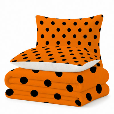 Premium Flannel Lightweight Blanket & 2 Pillow Shams Set with Black Polka Dots on Orange Geometric Ground, Ultra-Soft & Warm Cozy Bedding Set for All-Season, 60" x 80" Blanket + 2 Pillowcases Anti-Pilling & Machine Washable(Set of 3)