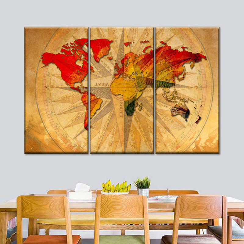 «World Map Old Compass World Map», reproduction sur toile 3 pièces par Tess P, H 42 po x l 65 po x P 1,25 po