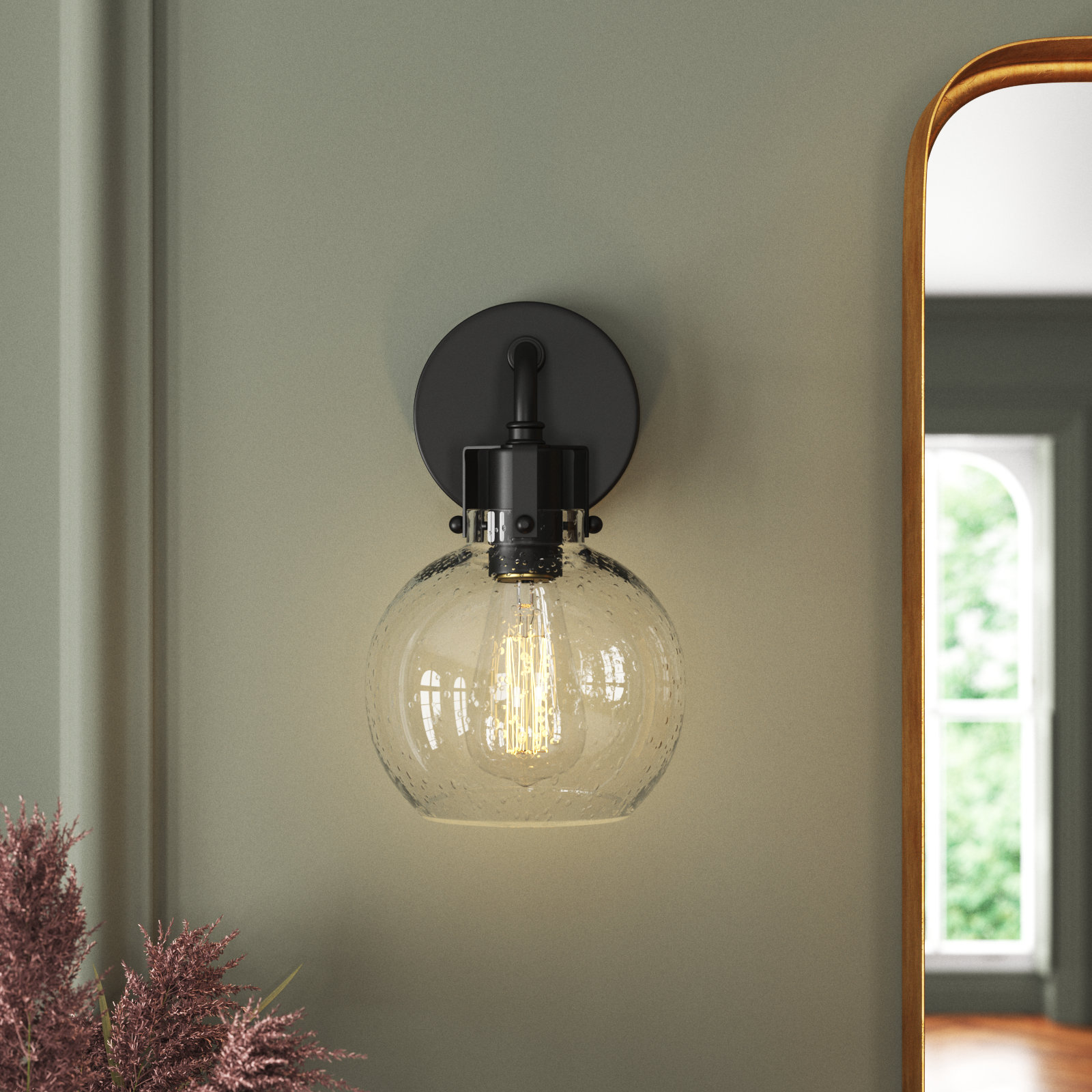 Byrne Single Light Glass Steel Dimmable Armed Sconce, Oil Rubbed Bronze