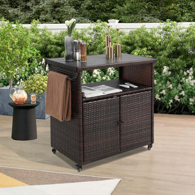 Outdoor Wicker Bar Cart, Patio Wine Serving Cart w/Wheels , Rolling Rattan Beverage Bar Counter Table