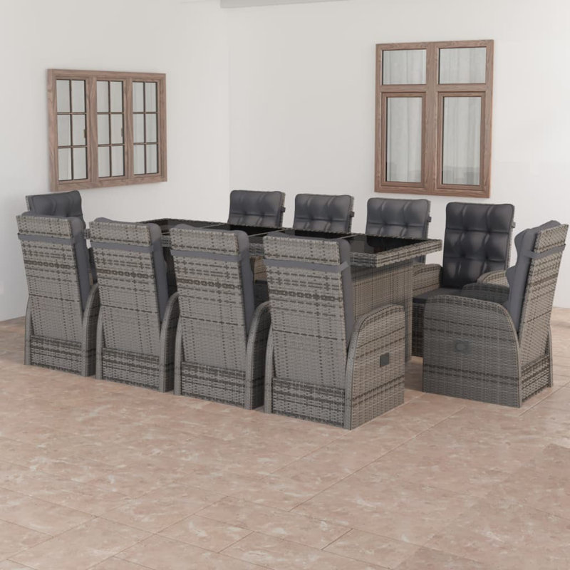 Finisheo Rectangular Dining Set with Cushions, Glass , 10, Gray/Black
