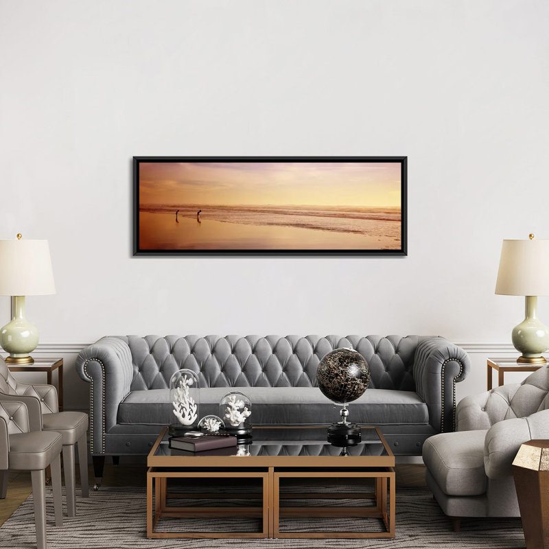 Deux enfants jouant sur la plage, San Francisco, Californie, reproduction de photo panoramique sur toile tendue, Cadre noir