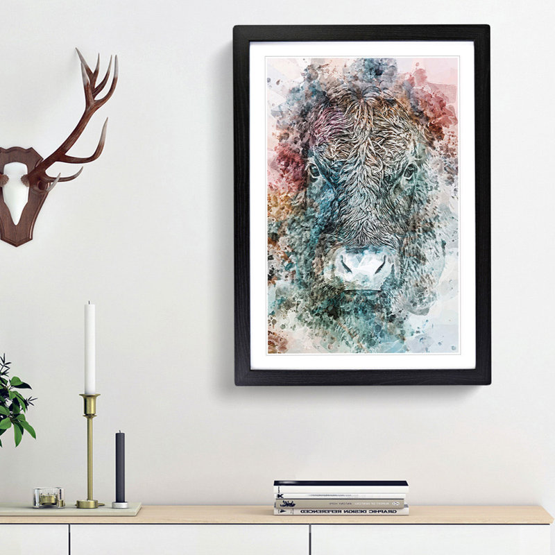 Colourful Bull Cow in Abstract - Picture Frame Graphic Art Print, 48cm H x 36cm W x 2cm D, Black Framed