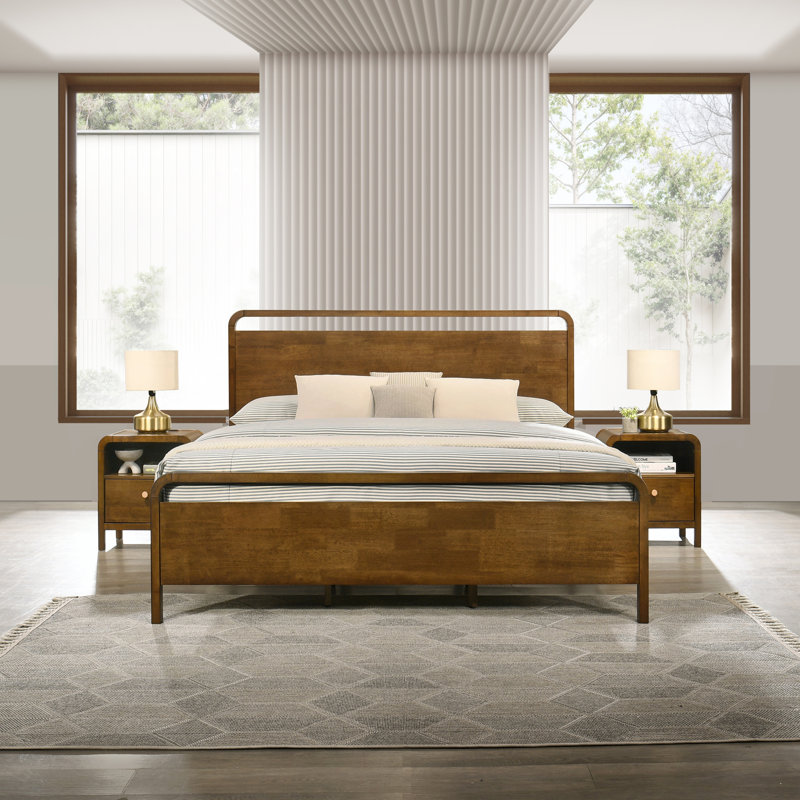 Ellum Wood Bedroom Set, King Platform Bed with Two Nightstands in Walnut Finish, King