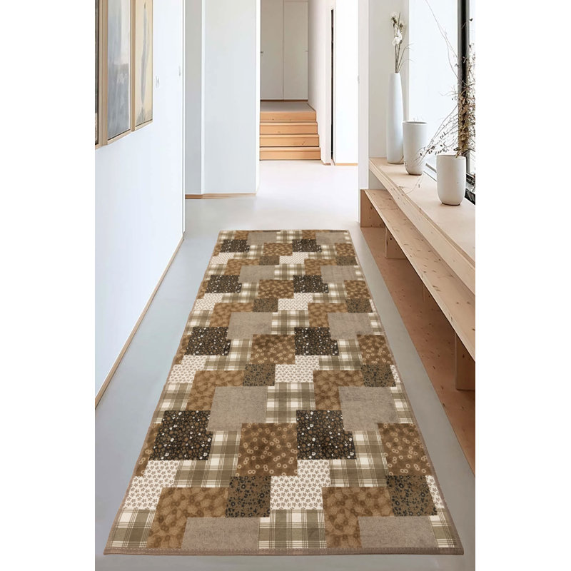 Slip Resistant No Pile Light Weight Patchwork Design Printed Hallway Rugs 26 Inches Wide by Feet, Runner 2'2" x 46'
