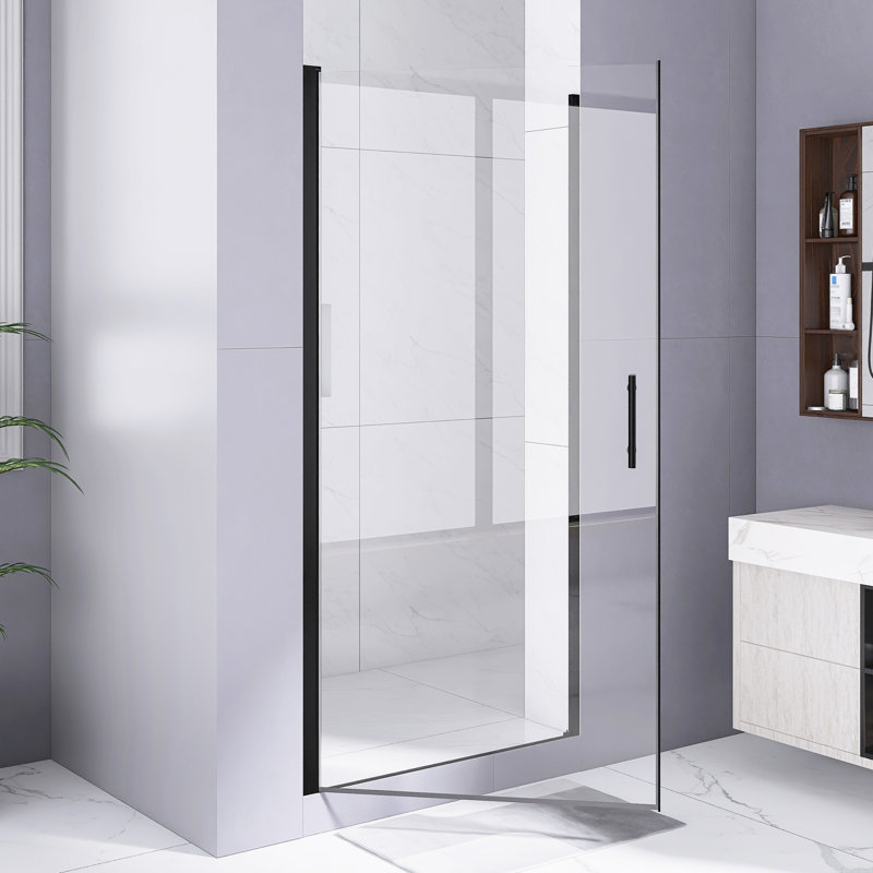 36"W X 72" H  Half Frame  Pivot Shower Door,Shower Door In Matte Black｜1 /4"(6Mm)  Tempered Glass｜ Waterproof｜Explosion Proof Film｜ Stainless Steel Handle