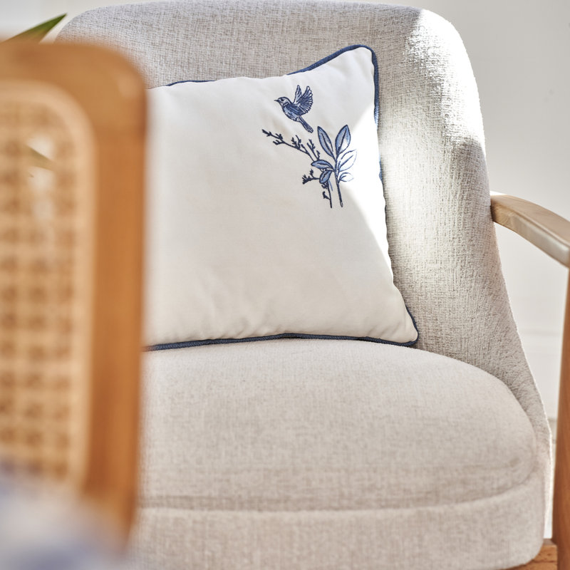Housse de coussin brodée Bleu Blanc, Motif floral bleu, Polyester