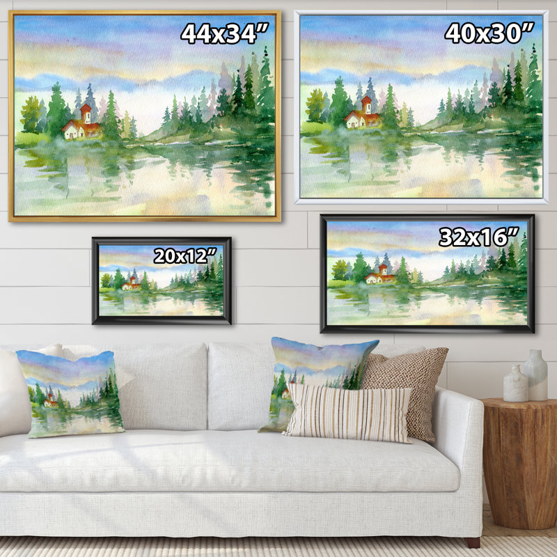 Paysage de rivière d'été avec arbres verts - Peinture sur toile, Cadre flottant doré, H 16 po x l 32 po