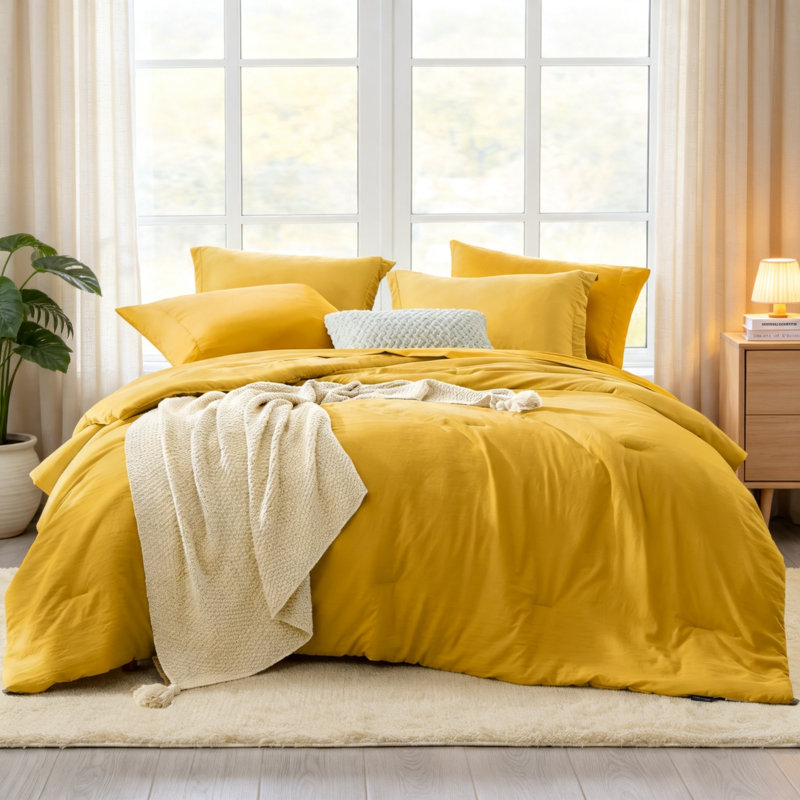 Ensemble de couette prélavée Queen, 7 pièces, Mustard Yellow