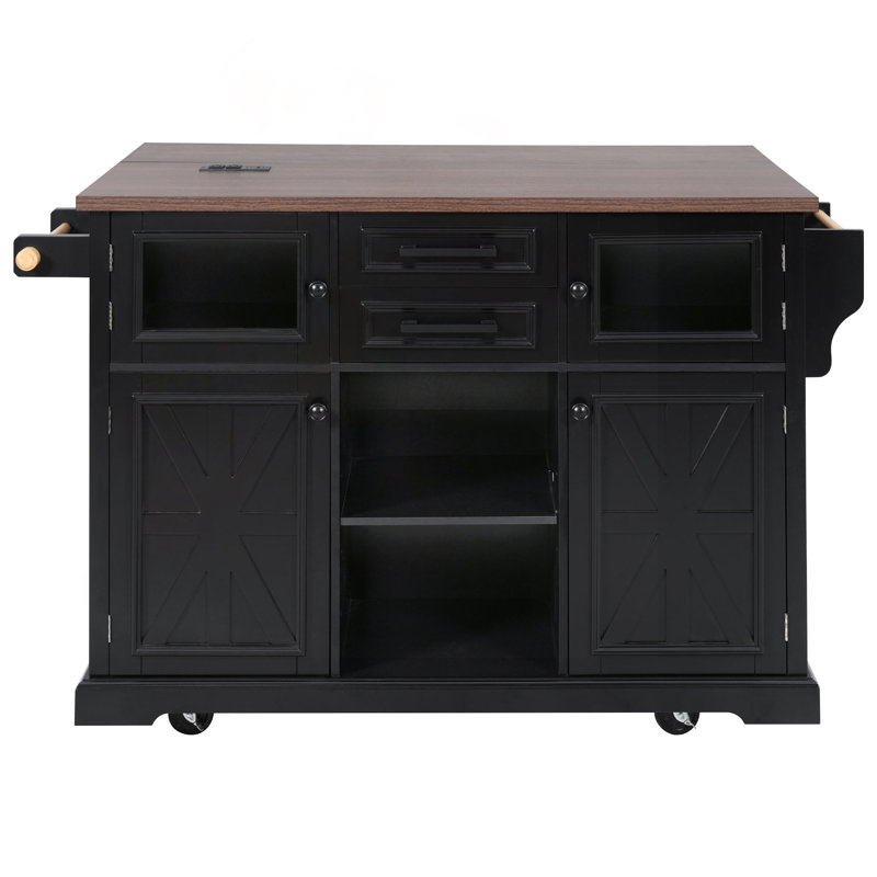 54.9" Kitchen Island with Drop Leaf, Cross Barn Doors, Visual Glass Door & Power Outlet (Black), Black