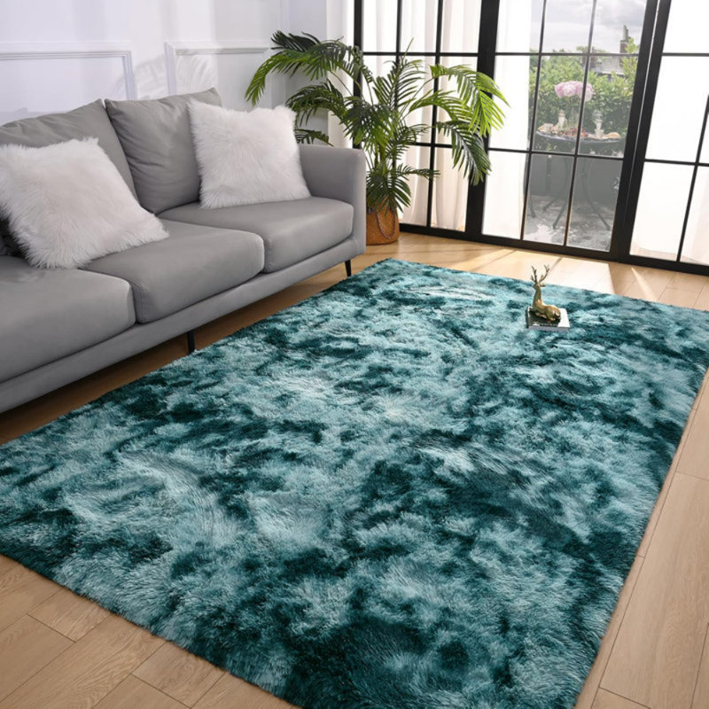 Antonije Tie Dye Shag Area Rug, Rectangle 6' x 9', Peacock Blue