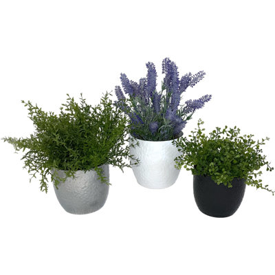 SK 3-Piece Ceramic Indoor Planter Set – Matte White, Shiny Silver & Anthracite Hammered Pots, No-Drainage Design