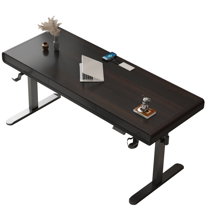 Bureau électrique debout, bureau à hauteur réglable de 63 pouces avec station de charge, bureau assis-debout avec rangement à 3 tiroirs, poste de travail motorisé pour ordinateur personnel avec préréglage de mémoire et verrou pour enfants