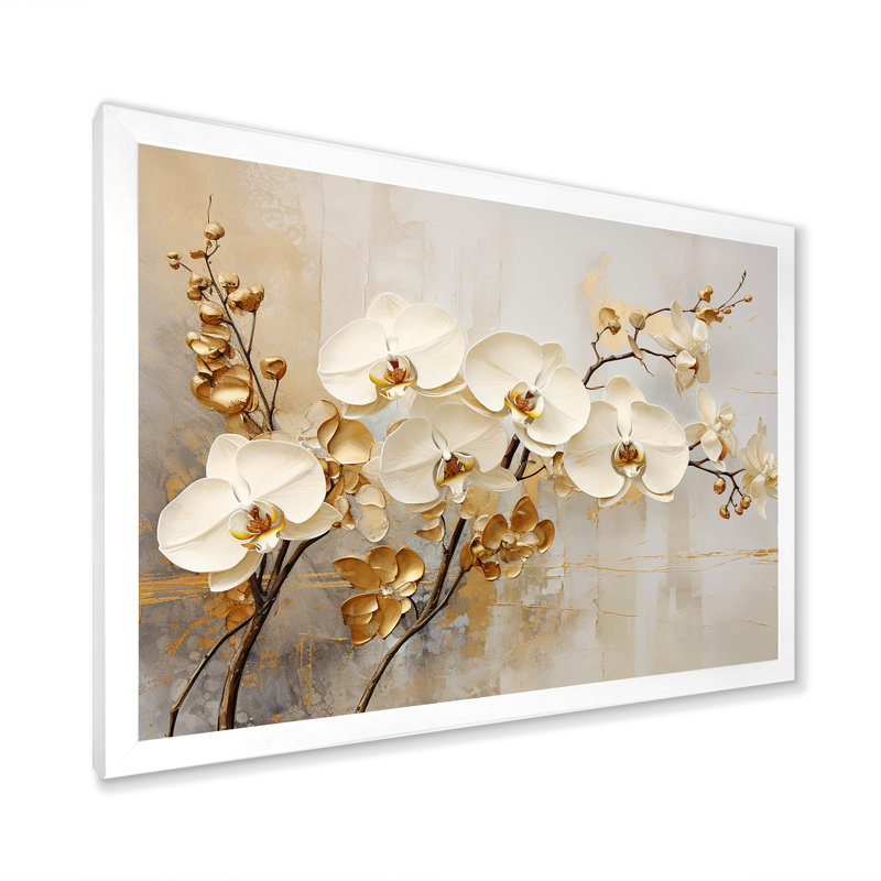Minimalisme beige et orchidées dorées - impressions sur toile orchidées, H 30 po x l 40 po, Cadre photo unique, Blanc