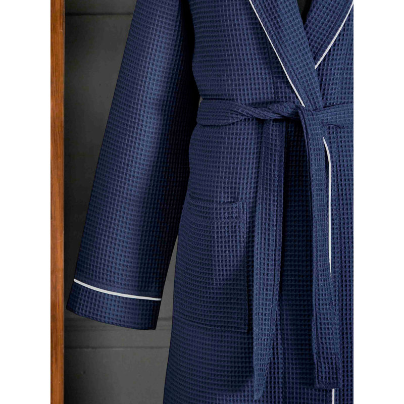 Peignoir 100% coton mi-mollet avec poches, G / TG, Bleu foncé
