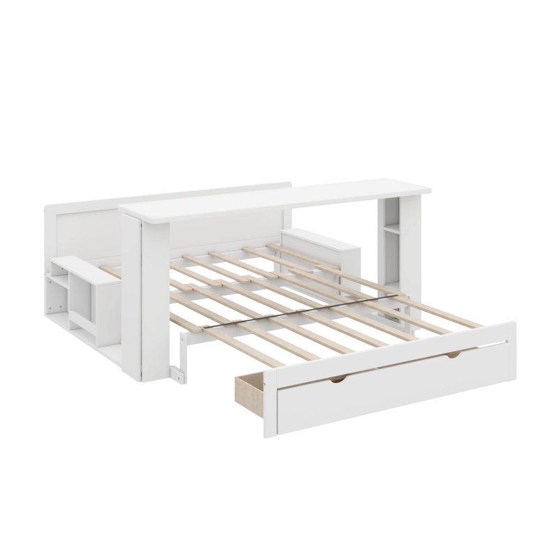 Wooden Full-Size Daybed With Built-In Storage Drawers, Removable Desk, And Hydraulic Side Table, Full, White