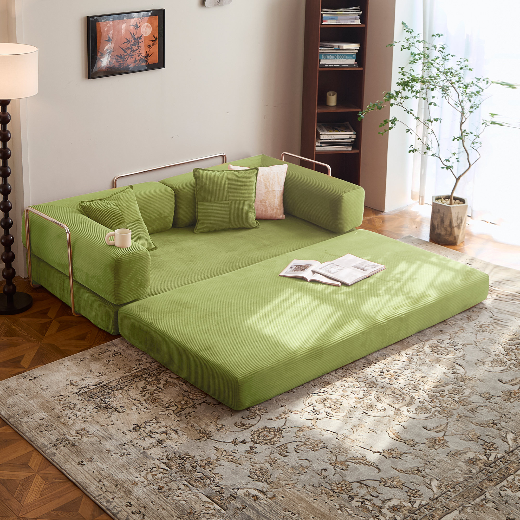 Fold Out Modular Sofa Bed Convertible Floor Sofa Couch Corduroy Folding Mattress Lounge Couch for Livingroom Bedroom Office No Assembly Required with Fixed-Shape Frame