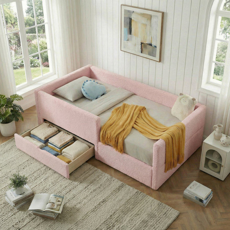Boucle Upholstered Semi-Enclosed Daybed With Storage Drawer And Two-Step Foam Step Stool, Pink